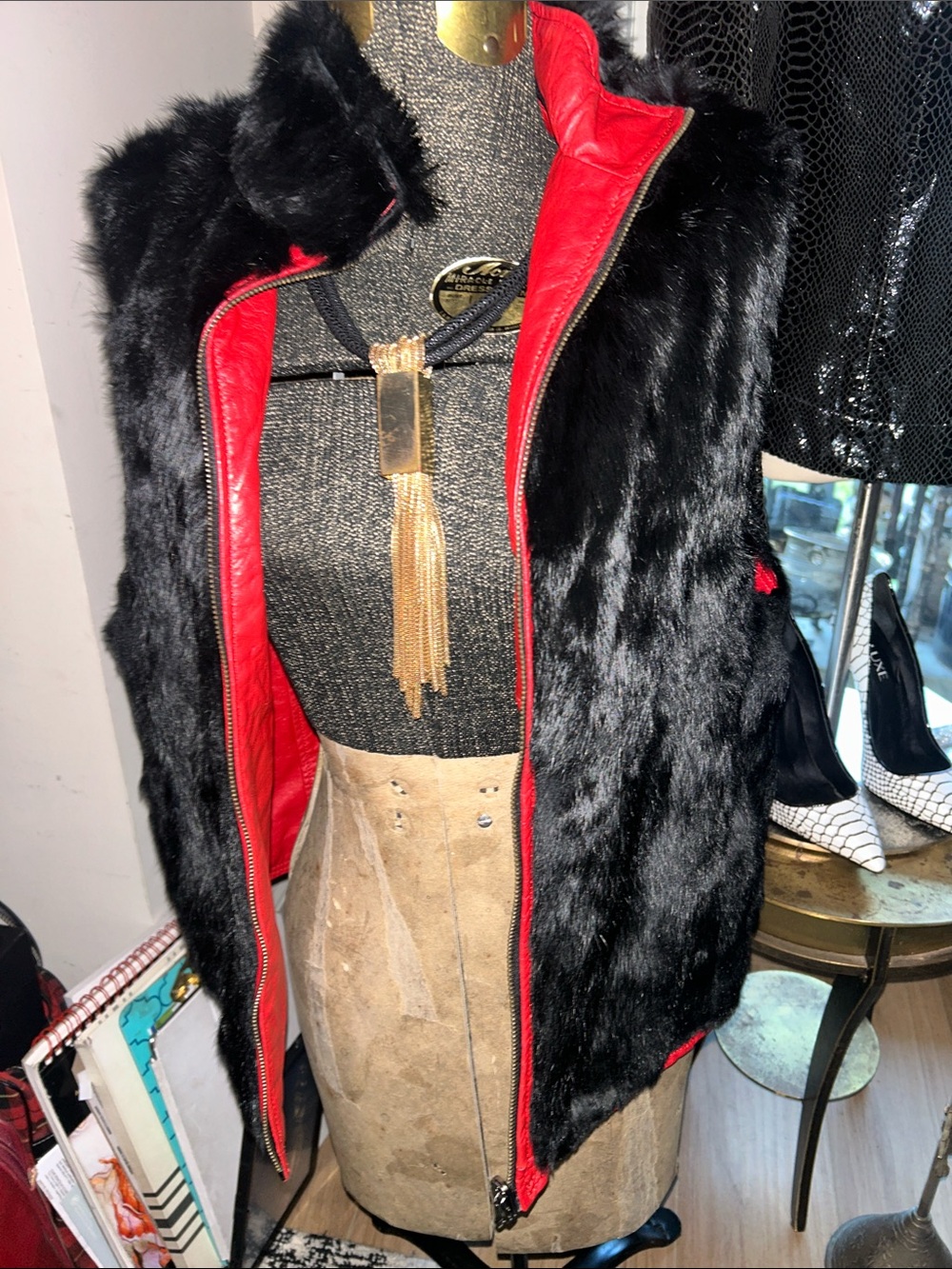 BlackLeather and Fur Vest with Red Trim